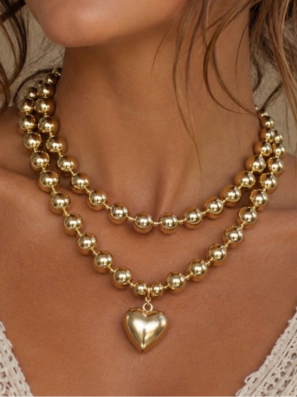 Mayamar Gold Heart Pendant Double-Strand Beaded Necklace